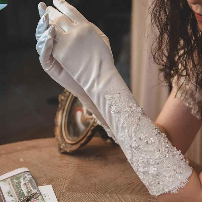 手袋 レディース 花嫁 ブライダル ウェディング ロンググローブ レトロ 繊細 レース ビーズ刺繍 サテン ストレッチ 秋冬 乳白