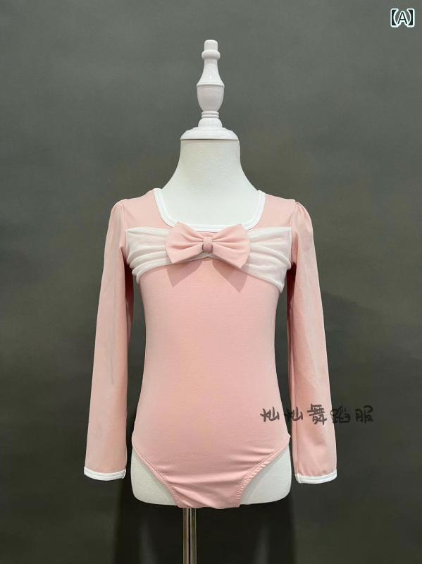 レオタード 女の子 キッズ 長袖 春秋 かわいい リボン パフスリーブ 発表会用 ダンス バレエ レッスン 練習着 綿 コットン プリンセス風 ボディスーツ ピンク系