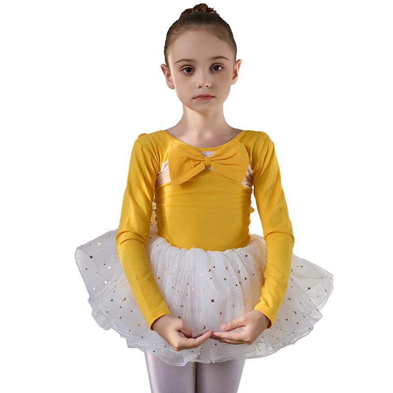 レオタード キッズ 女の子 ダンスウェア バレエ 体操服 練習着 レッスン着 発表会 長袖 前後リボン 春秋 スカート付き