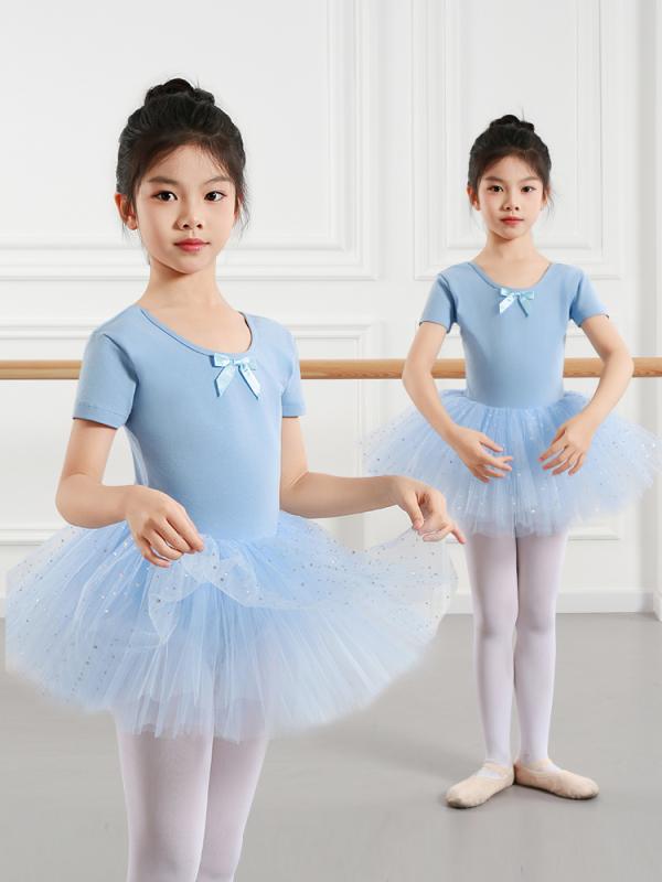バレエウェア 子供 女の子 ダンス練習着 レオタード バレエチュチュスカート 半袖 薄手 ふわふわ チュール プリンセス 通気性 ラウンドネック 桜ピンク 夢幻ブルー 香芋パープル