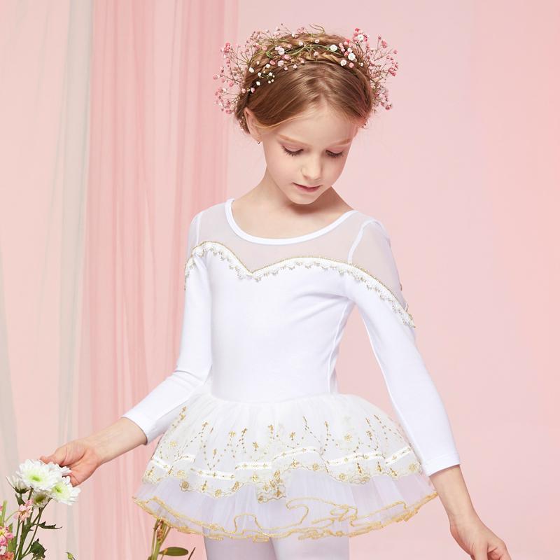 ダンスウェア 女の子 子供用 秋冬 長袖 練習着 レッスン着 バレエ レオタード スカート付き ドレス ワンピース 発表会用 新体操 舞台 衣装 伸縮性 黒 白 ピンク