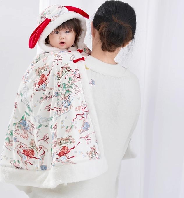 ケープ ベビー 子供 男の子 女の子 秋冬 お出かけ 防風 保温 暖かい ポンチョ アウター 裏ボア 裏起毛 フード付き 綿 ボタン付き かわいい