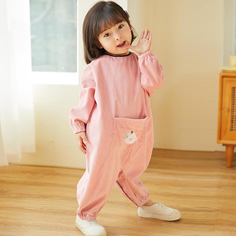 ベビー キッズ 男の子 女の子 カバーオール ロンパース スモック アウトドア 防汚 外出着 普段使い 長袖 コーデュロイ ポリエステル カジュアル 春秋冬 カーキ グリーン ピンク