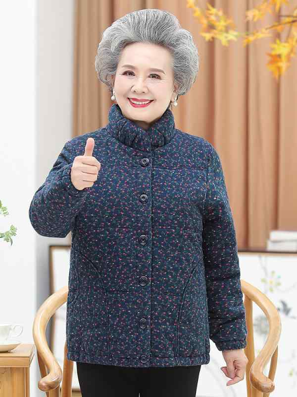 中綿ジャケット レディース シニア 高齢者向け ショート丈 厚手 あったか スタンドカラー シングルボタン ゆったり 小花柄 綿 コットン 春秋冬 防寒 普段使い お出かけ ネイビー ブルー ローズピンク