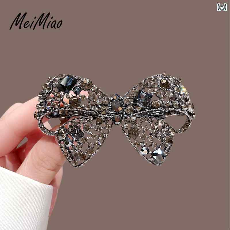 ヘアクリップ レディース エレガント 上品 水晶 リボン バネ式 バレッタ 黒 髪飾り 髪留め 合金 人工宝石 半宝石 日韓風 お出かけ 普段使い