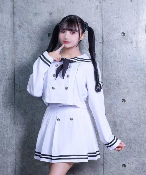 セットアップ レディース 地雷系 病みかわ セーラー服 セーラー襟 ミニスカート 上下セット ダブルブレスト ボウタイ 長袖 カジュアル 秋 白 黒