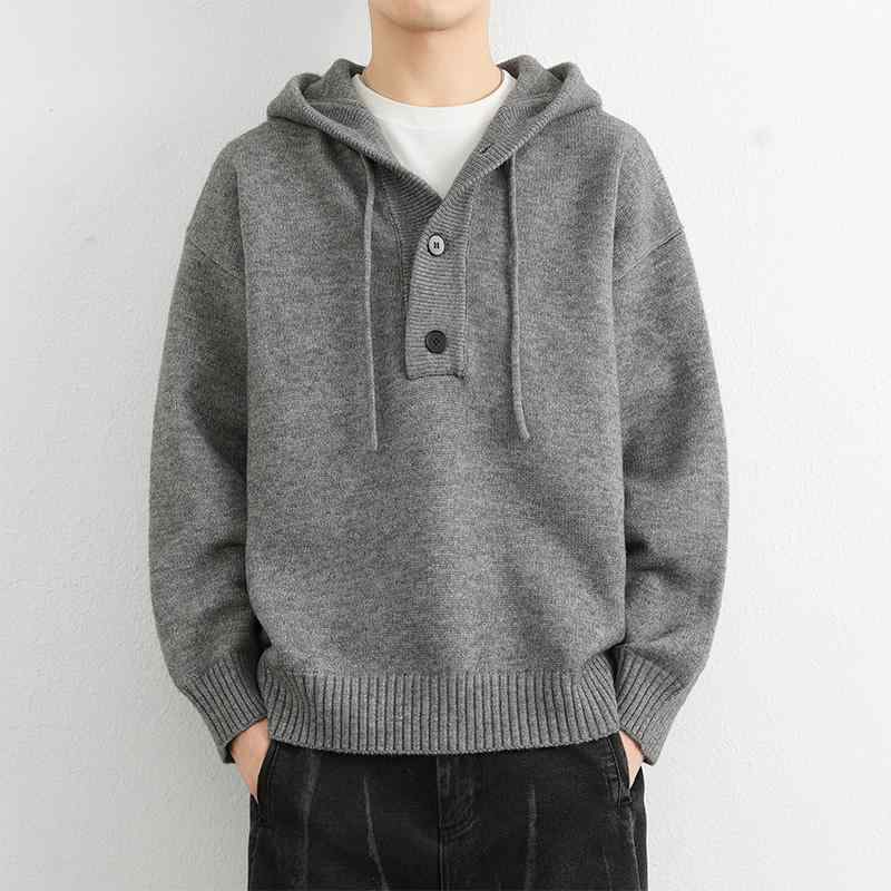 ニット メンズ フード付き プルオーバー セーター オーバーサイズ ゆったり 厚手 無地 毛玉防止 アクリル混紡 秋冬 カジュアル ダークグレー ブラック