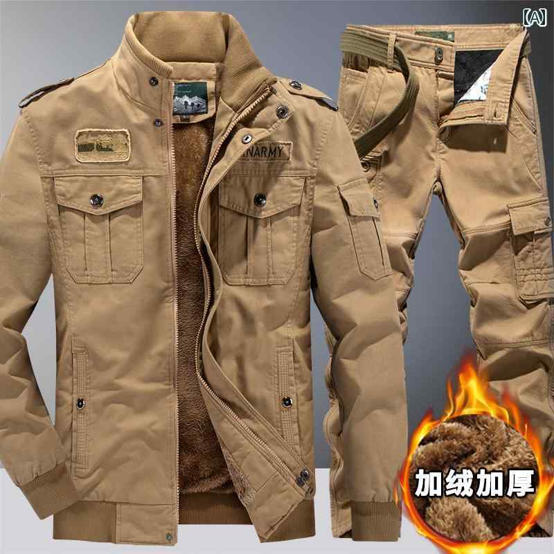 セットアップ メンズ 秋冬 アウトドア ワークウェア 作業服 作業用 綿 裏起毛 厚手 防寒 丈夫 機能性 タクティカルウェア カジュアル 上下セット カーキ ブラック グリーン｜フロントップ店