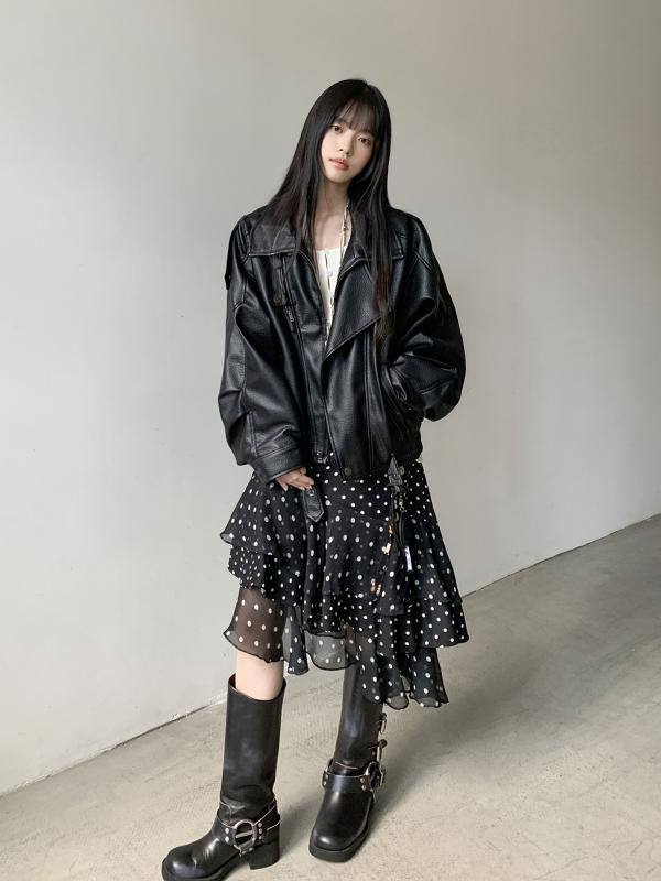 スカート レディース ハイウエスト フリル ドット柄 黒 白 秋 ポリエステル シワになりにくい Aライン フレア ミモレ丈 通勤 デイリー 普段使い フェミニン