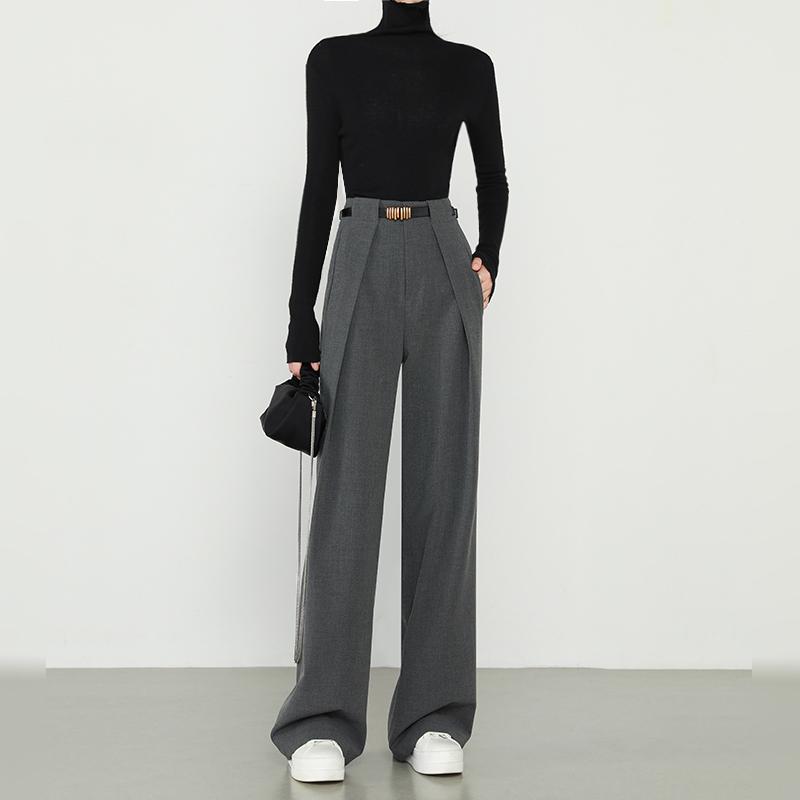 ワイドパンツ レディース ハイウエスト ストレート ゆったり ドレープ感 落ち感 ロング丈 スラックス 通勤 普段使い 春夏 ポリエステル グレー ベージュ