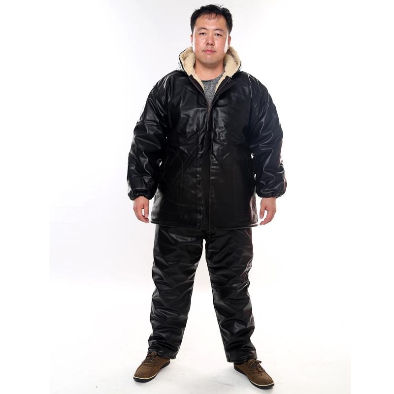 作業服 メンズ レディース 中綿入り 厚手 防寒着 作業着 上下セット セットアップ PUレザー フェイクレザー 裏ボア 裏起毛 防水 防油 ワークウェア 秋冬 ブラック ブラウン ピンク｜フロントップ店