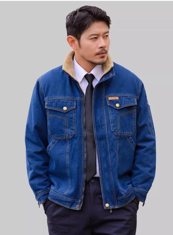 作業服 メンズ 男性用 ワークウェア 裏起毛 デニム ジーンズ生地 上下セット 中綿入り 防寒 保温 耐摩耗 汚れにくい 綿混 ポリエステル 電工 溶接工 大きいサイズ 秋冬 ネイビー カーキ グレー