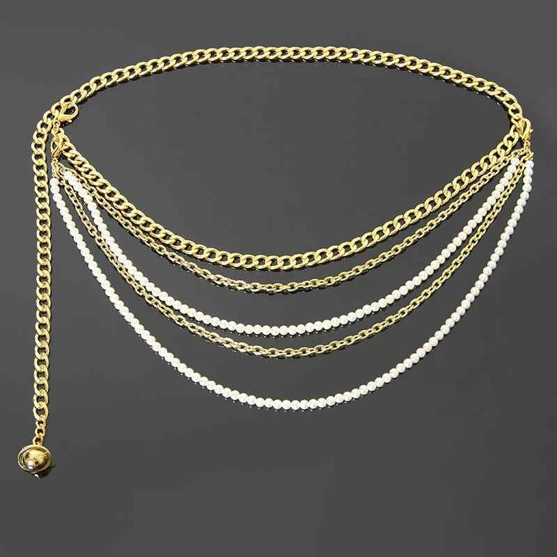 ベルト レディース 女性用 多層 ウエストチェーン 腰チェーン アクセサリー 装飾品 メタル 金属 合金 チェーン パール パール ワンピース パンツ ゴールド ホワイト ブラック