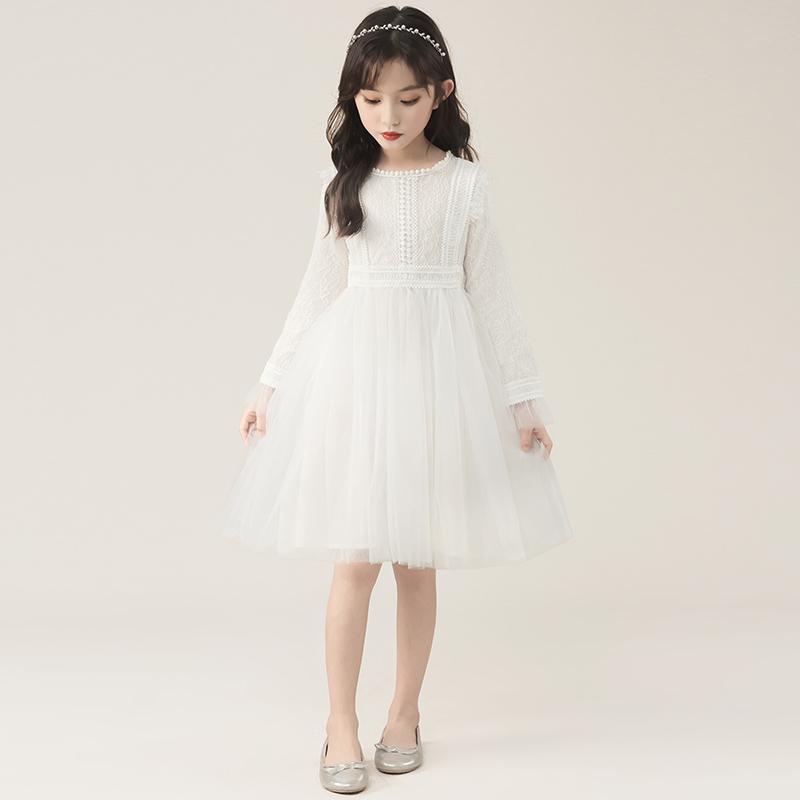 ワンピース 女の子 子供 キッズ プリンセスドレス 白 ホワイト 長袖 チュール レース Aライン 綿 コットン 春秋 フォーマル 発表会 結婚式 お呼ばれ 入学式 卒園式 華やか 上品