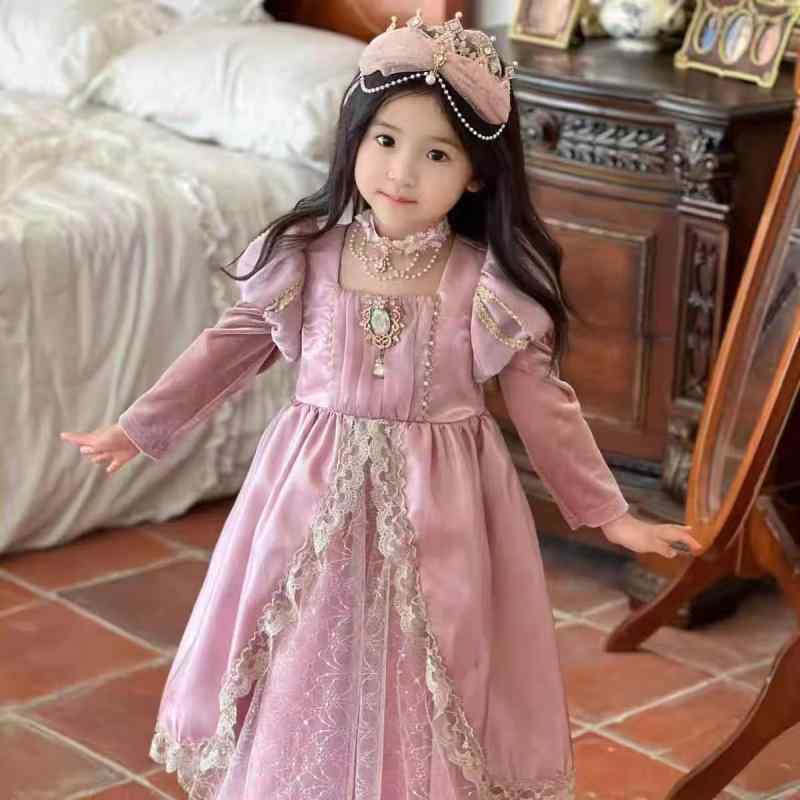 ワンピース 女の子 マーメイドプリンセスドレス 誕生日 発表会 写真撮影用 宮廷風 ロマンチック フォーマル ふんわり ロング丈 長袖 レース 秋冬