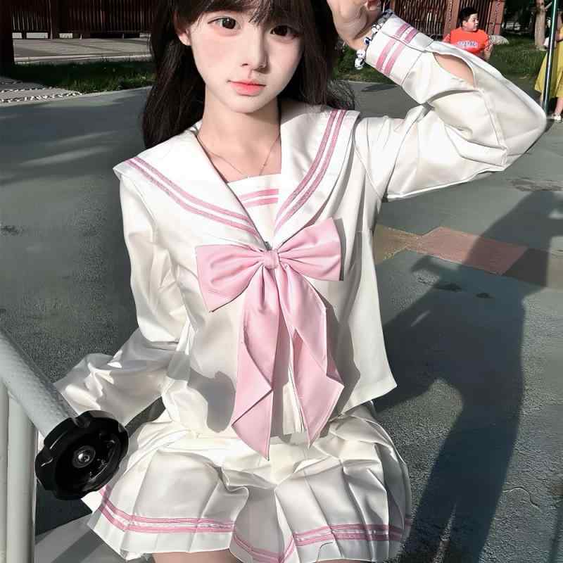 JK制服 レディース スクール風 セーラー服 二本線 プリーツスカート 上下セット 半袖 ミニスカート かわいい 正統派 ベーシック ピンク 4,778円