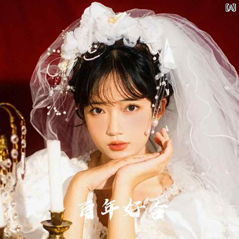 ヘッドドレス レディース ウェディングベール 結婚式 ブライダル 花嫁 ヘアアクセサリー 入籍記念 撮影 オフホワイト フラワー レース レトロ ヴィンテージ風 エレガント 優雅 華やか 繊細