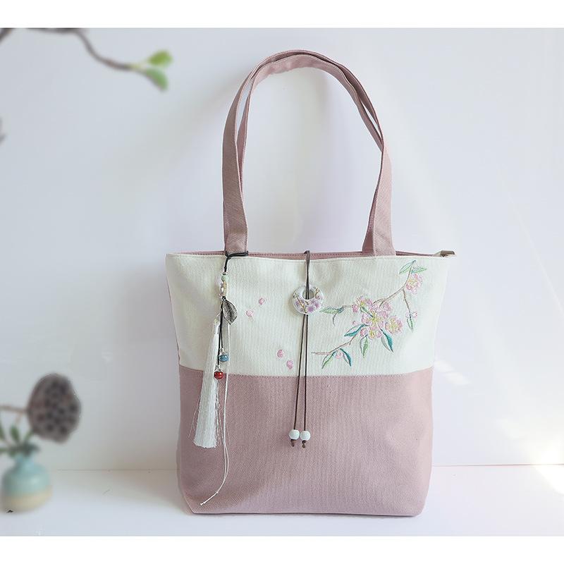 バッグ レディース レトロ ナチュラル 民族風 綿麻 帆布 キャンバス 青 緑 桃 刺繍 切り替え ショルダー トート 手提げ 鞄 大容量 シンプル 縦長 スクエア 通勤 通学 普段使い カジュアル