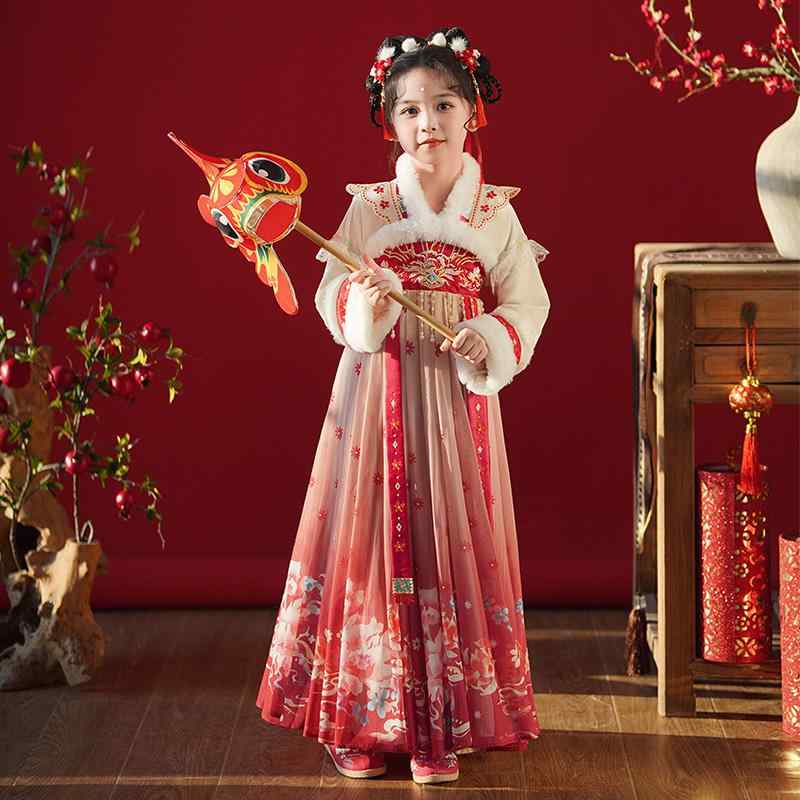 ワンピース 女の子 漢服 中国風 裏起毛 ドレス 古風 子供服 キッズ ガールズ 赤 秋冬 防寒 暖かい エレガント 優雅 小花柄 ポリエステル ロング丈 Aライン お正月 イベント 発表会 普段着