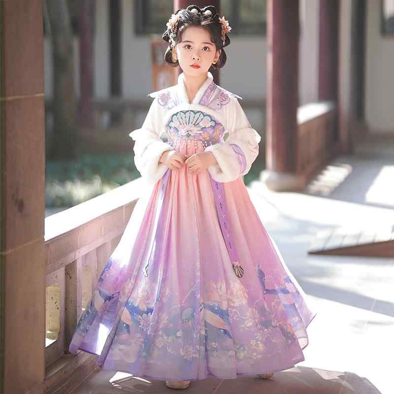 ワンピース 女の子 子供服 キッズ 漢服風 古風 中国風 プリンセスドレス 秋冬 裏起毛 厚手 あったか 刺繍 ジュニア 小学生 発表会 イベント パーティー 紫 赤 ピンク