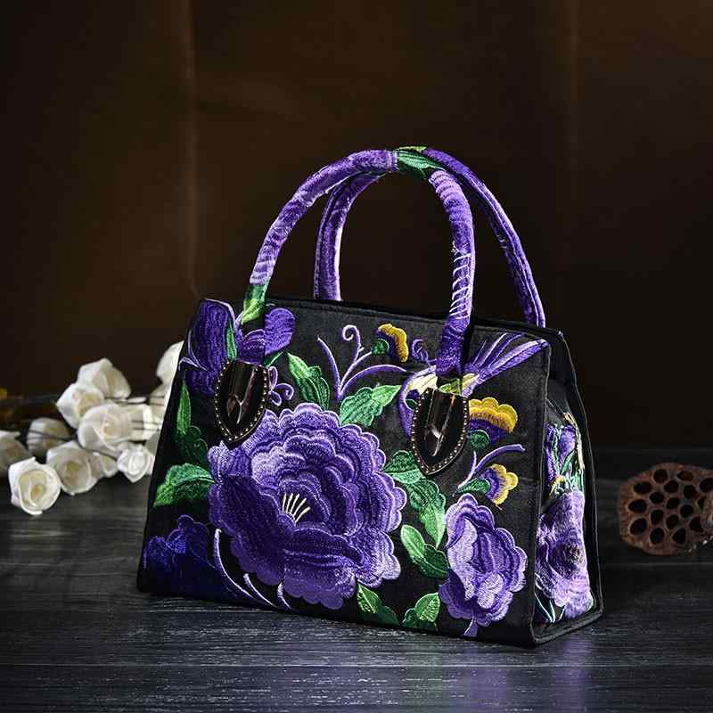 バッグ レディース 中高年向け 民族風 エスニック 刺繍 キャンバス ショルダーバッグ 斜めがけ 肩掛け 手提げ ミニスクエア型 小さめ カジュアル 普段使い ダークグレー パープル系 レッド系