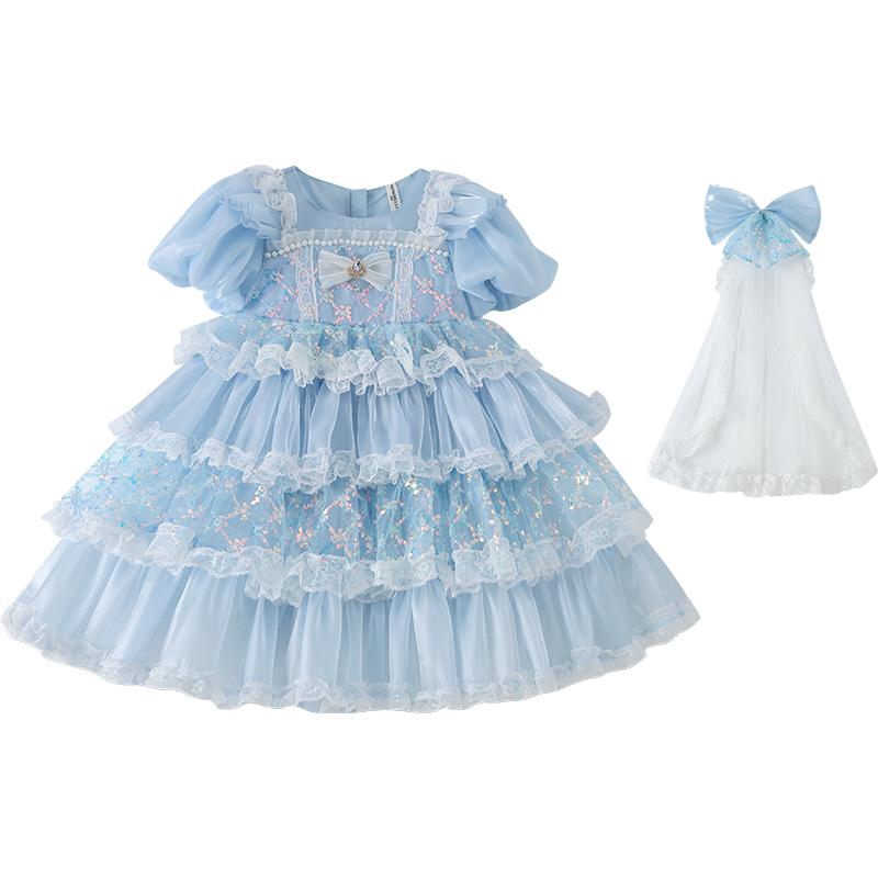 ワンピース 女の子 ガールズ キッズ プリンセス ロリータ ドレス ケーキ フォーマルドレス ふわふわ フレンチ 夏 半袖 ミモレ丈 Aライン ハイウエスト ラウンドネック レース 薄手 無地 ブルー ギフト｜フロントップ店