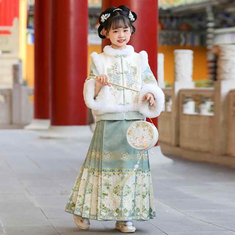漢服 セットアップ 女の子 キッズ ジュニア 馬面スカート 中華風 中国服 レトロ 厚手 裏起毛 保温 防寒 長袖 秋冬 お正月 お祝い 行事