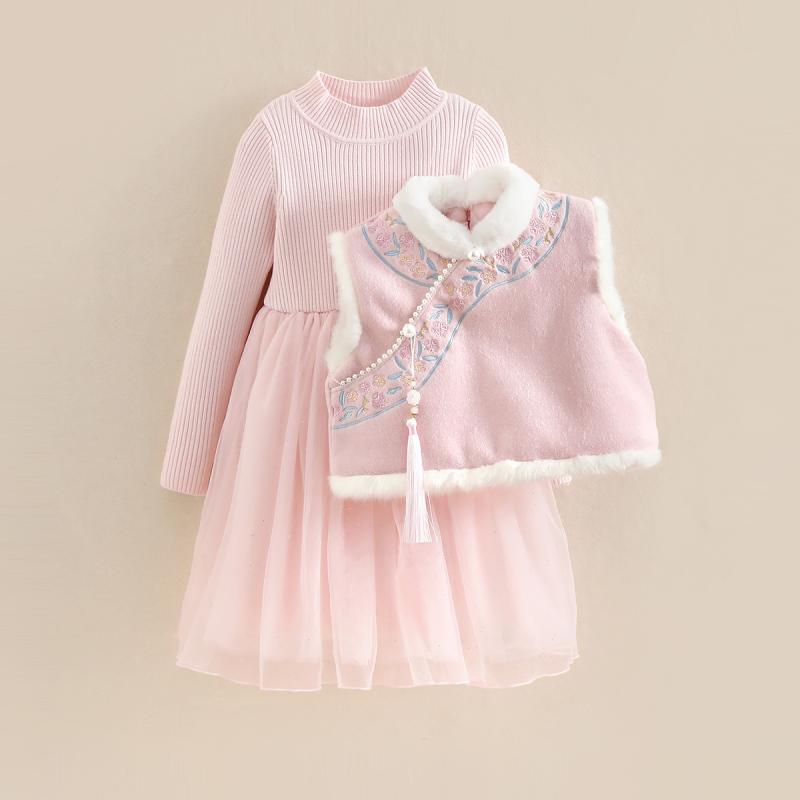 ワンピース 女の子 ベビー キッズ 漢服 中国風 伝統衣装 ドレス 厚手 裏起毛 暖かい お正月 新年 お祝い イベント コスチューム 2点セット セットアップ ピンク