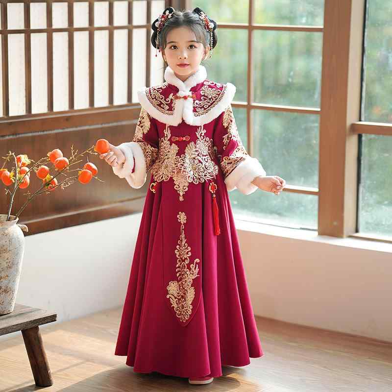 ワンピース 女の子 キッズ 冬 裏起毛 新年のお祝い着 中国風 漢服 唐装 ドレス 民族衣装 古風 小花柄 ポリエステル素材 暖かい フォーマル カジュアル レッド