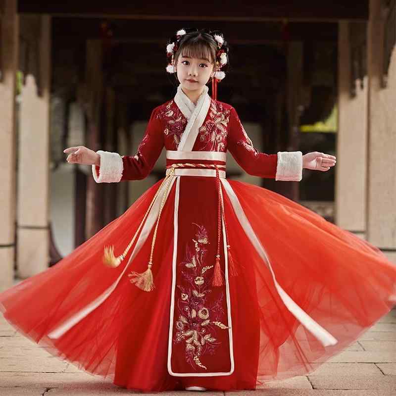 キッズ うしろ帯 衣装 御召しもの セットアップ 漢服 中華風 名著御召しもの 秋冬 赤いこと 朦々たる 裏起毛 中綿 防寒 ポリエステル マント お正月 祝賀会 年賀 告げ知らせる会