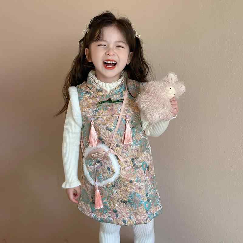 チャイナドレス 女の子 中国風 おしゃれ 上品 着回し ベストワンピース ジャンパースカート 秋冬 お祝い服 厚手 ノースリーブ ミドル丈 小花柄