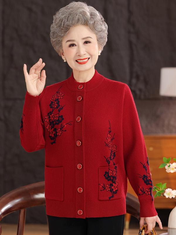 カーディガン レディース シニア ニット ウール ウール 混 アウター 羽織り ミセス 60代 70代 80代 秋冬 花柄 ボタニカル柄 ジャカード ラウンドネック ボタン 厚手 ミドル丈 保温 防風 軽量 静電気防止 普段使い お出かけ レッド