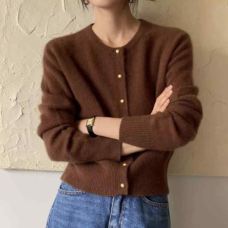 カーディガン レディース 女性用 ニット セーター ラウンドネック 丸首 前開き ショート丈 ゆるめ ゆったり 春夏 通勤 オフィス カジュアル トップス