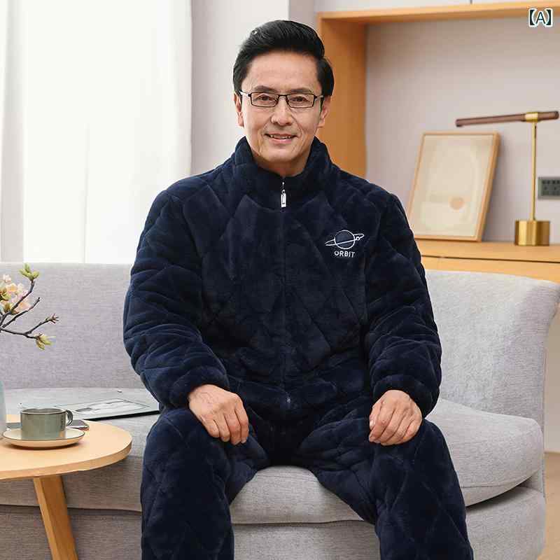 パジャマ メンズ 男性用 中高年 パパ用 冬 厚手 三層構造 中綿 サンゴフリース 保温 あったか ファスナー ジップアップ 立襟 ルームウェア