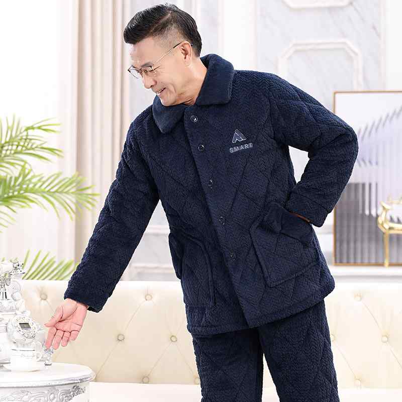 パジャマ メンズ 男性用 中高年 父親 サンゴフリース フランネル ポリエステル ルームウェア 裏起毛 厚手 三層中綿 キルティング 長袖 襟付き 保温 就寝用 部屋着 シンプル 2点セット 秋冬