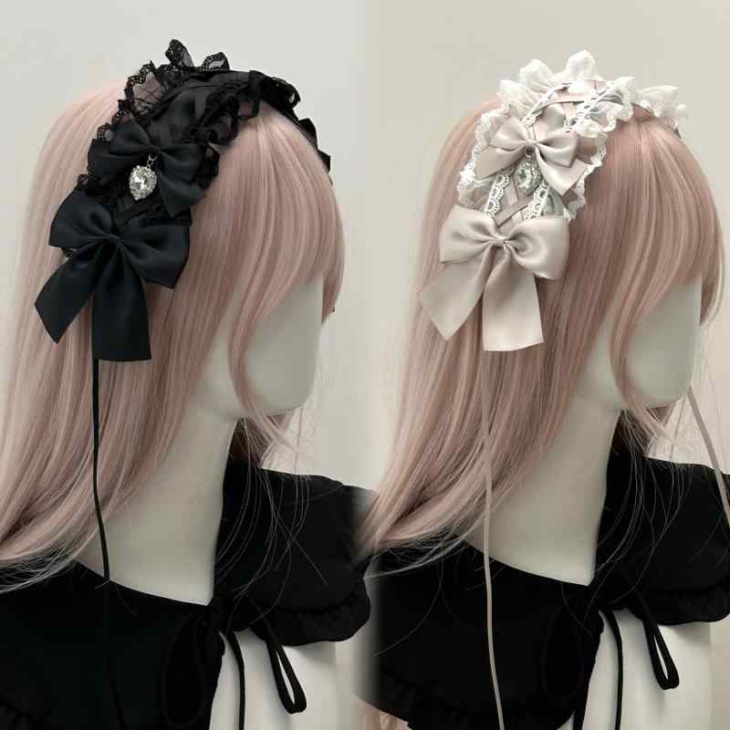 ヘアアクセサリー レディース 地雷系 量産型 ファッション ハート ラインストーン リボン チャーム かわいい ガーリー 髪飾り カチューシャ ヘッドドレス 白 黒 ピンク
