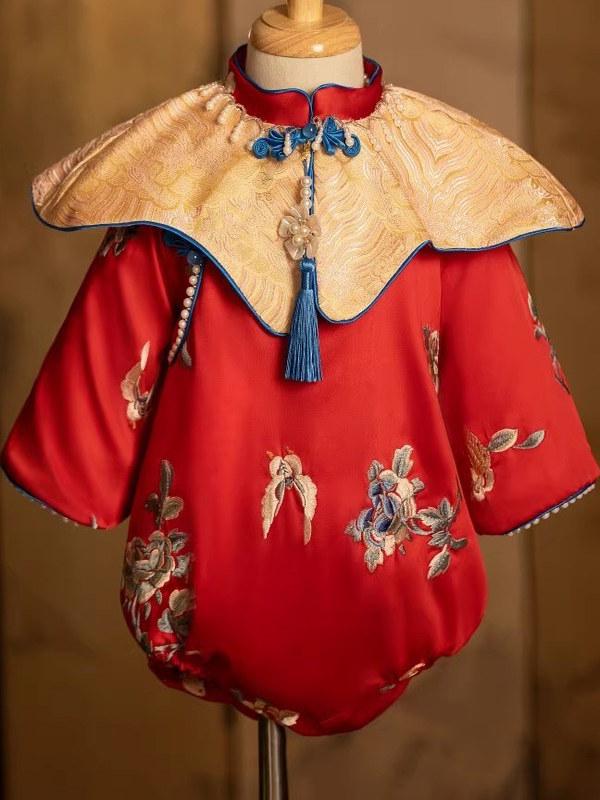瀬戸もの御召しもの 御嬢さん もの言う花 みどり児 1歳 生まれ落ちる日 選び取り ロンパース 上半身背広 中華風 国風 刺・墸 蝶柄 雲肩 長袖 お祝い フォーマル 御召しもの 祝い事 オール季節 赤いこと