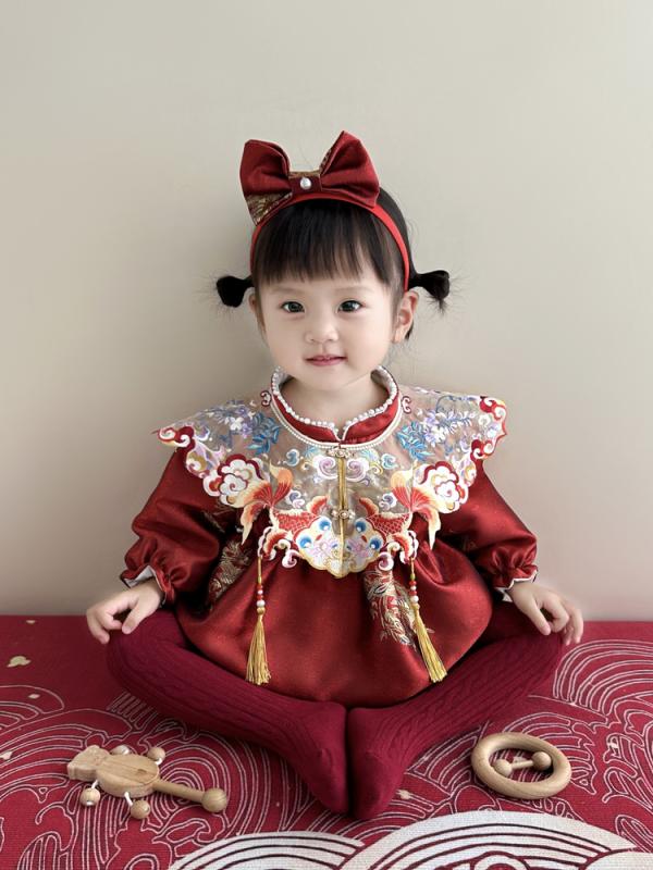 ワンピース 女の子 ベビー 秋冬 1歳 誕生日 百日祝い 選び取り セレモニー チャイナ風 プリンセスドレス フォーマル衣装 赤 ポリエステル|フロントップ店