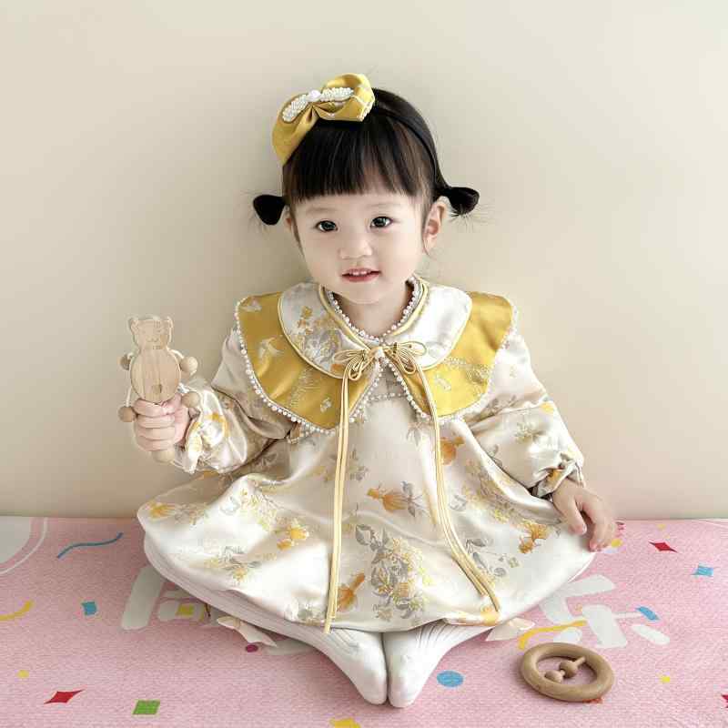 ワンピース 女の子 ベビー 1歳 誕生日 ファーストバースデー 中国風 チャイナ服 セレモニードレス プリンセスワンピース サテン 長袖 秋冬 記念衣装|フロントップ店