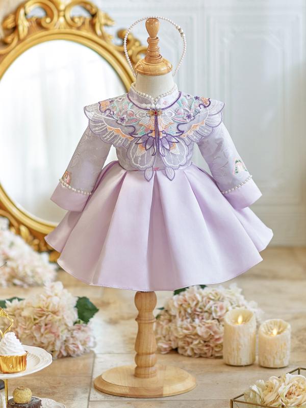 もの言う花 お嬢さん 1歳 生まれ落ちる日 誕生日 御祝い御召しもの 中華風 唐装 姫御前  フォーマルワンピース 選び取り お呼ばれ 祝する映画化 秋冬 紫系 告げ知らせる会 晴れ晴れしい
