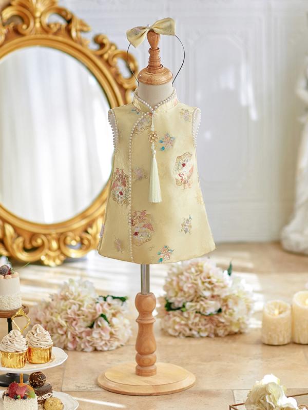 ベビー服 御嬢さん 1歳 初生まれ落ちる日  瀬戸もの御召しもの 唐装 お祝い御召しもの 御召しもの 黄色 黄 ポリエステル 春夏 薄っぺら