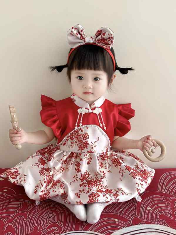 衣裳 お嬢さん もの言う花 赤  瀬戸もの御召しもの 姫御前御召しもの 半袖 1歳 生まれ落ちる日 二分の一誕生日 祝する日 映画化用 礼服 フォーマル 春夏 ポリエステル 愛くるしい 雅びやか