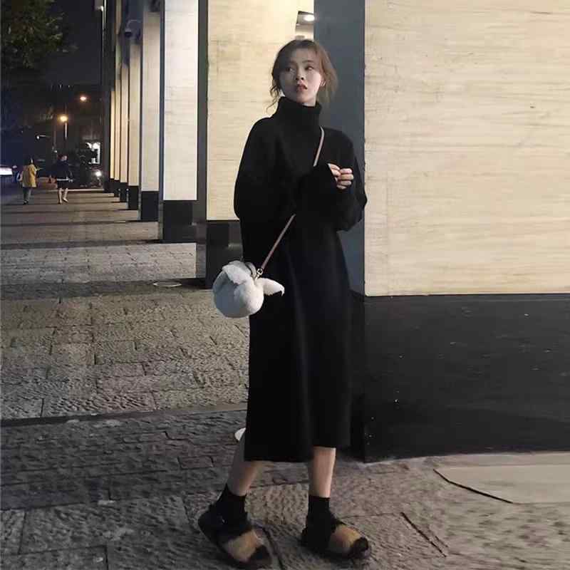 衣装 レディース ハイネック 編み物衣装 ロング丈 黒 ゆったり 体型覆いかぶせる A伝達ルート フレンチ表現スタイル 秋冬 通い 執務室 普段使い