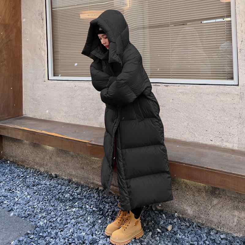 厚地の外套 レディース 中綿厚地の外套 パファーコート ロング丈 膝下丈 ゆったり ビッグ影ぼうし 厚地の外套大きさ ボンネット付き添い人 朦々たる 防寒 保温 ポリエステル 中綿入り口・入口 通い 普段使い走り 秋冬 冬 黒 黒いこと