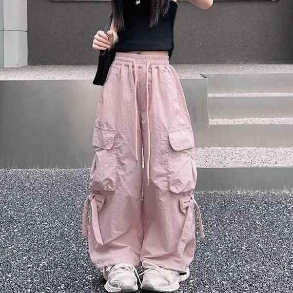 パンツ 女の子 キッズ 中大童 カーゴパンツ ワークパンツ ストレート ゆったり ルーズフィット 裏起毛 フリース 防寒 あったか マルチポケット ポケット付き カジュアル ストリート 黒 ピンク アイボリー ボトムス ロングパンツ 秋冬