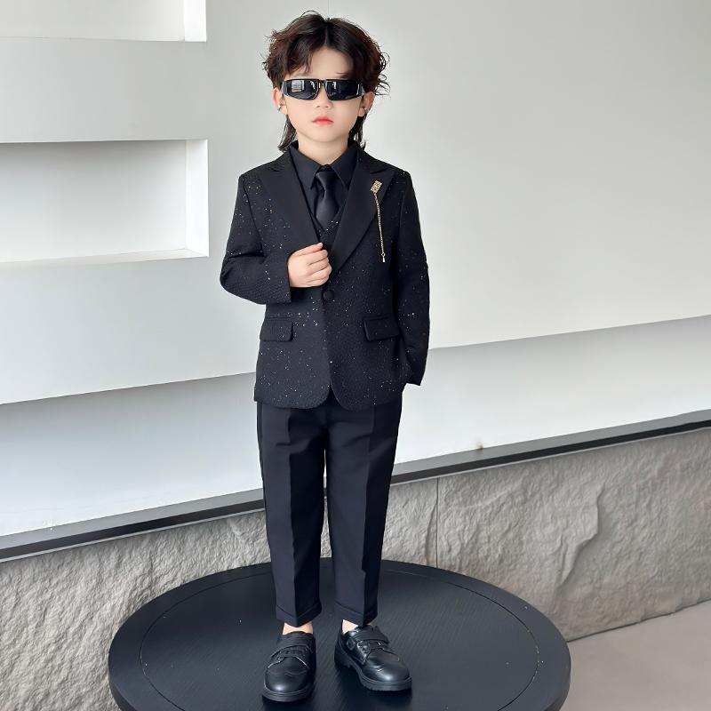 フォーマルスーツ 男の子 ブリティッシュスタイル 発表会 舞台 誕生日 宴会 結婚式 入学式 卒業式 セットアップ シングルボタン 長袖 無地 光沢感 黒 春秋