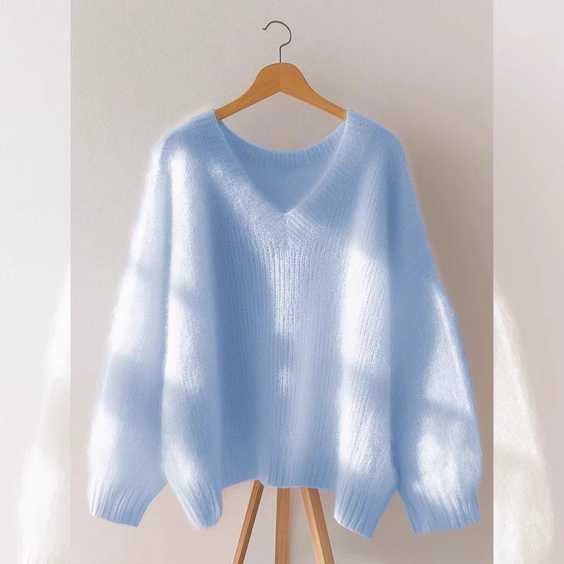 ニット レディース Vネック 柔らかな ゆったり ルーズシルエット プルオーバー 長袖 レギュラー丈 厚手 保温 発熱 混紡 無地 秋冬 通勤 普段使い リラックススタイル スカイブルー イエロー ピンク