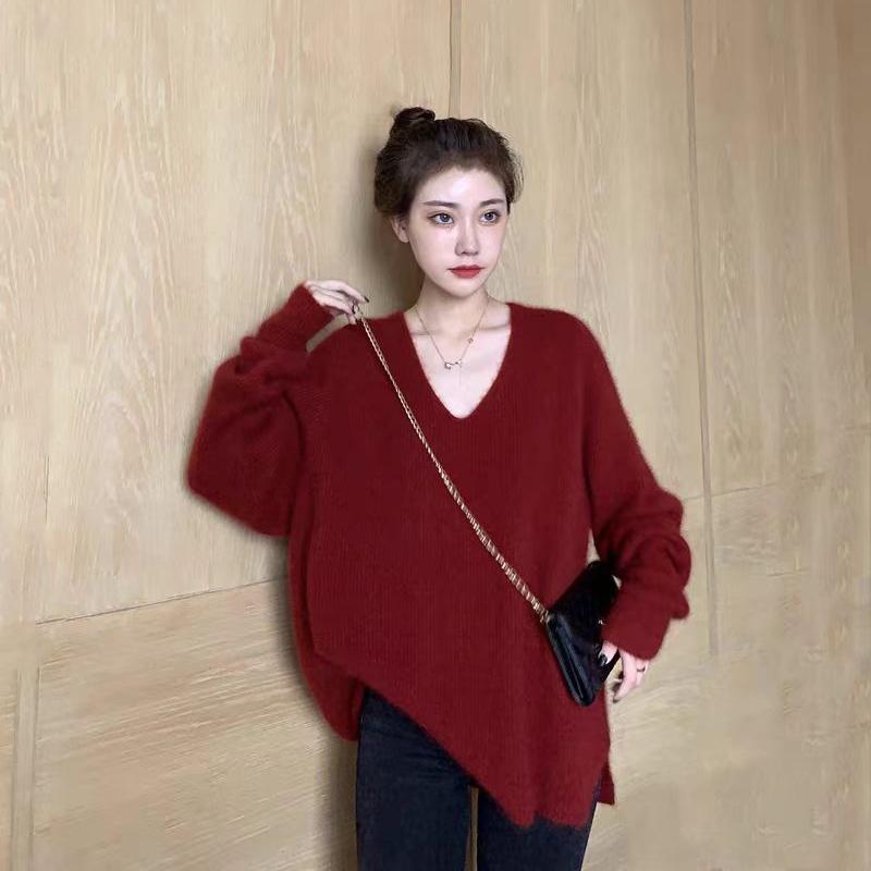 ニット レディース 秋冬 Vネック プルオーバー ゆったり ルーズ 厚手 レトロ リラックススタイル ストレートシルエット 通勤 普段使い チェリーレッド