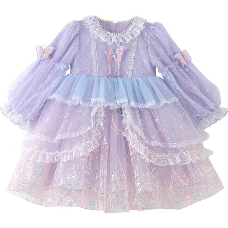 ワンピース 女の子 キッズ プリンセス ロリータ ふんわり ボリューム チュール メッシュ 薄手 長袖 ラウンドネック アニメ柄 ミドル丈 ピンクパープル コットン裏地 春夏 かわいい