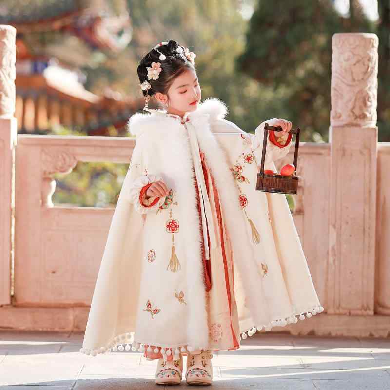 斗篷 女の子用 冬 裏起毛 厚手 フード付き ポンチョ マント ケープ 漢服 チャイナ風 お正月 お出かけ 初詣 フォーマル ポリエステル 防寒 赤 オフホワイト｜フロントップ店